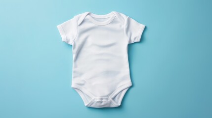 Blank white cotton baby short sleeve bodysuit on pastel blue background 