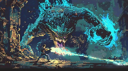 The pixelated image shows a knight fighting a dragon. The knight is wearing armor and wielding a sword, while the dragon is breathing fire.