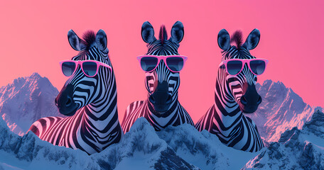 Three zebras wearing pink sunglasses against a mountain backdrop, blending wildlife with a touch of...