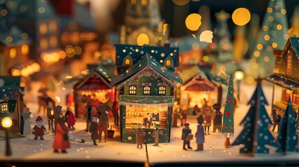 Obraz premium A festive popup book showing a bustling holiday market, with stalls, shoppers, and twinkling lights that appear as the pages open, Close up