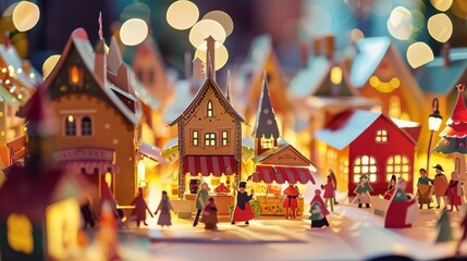 A festive popup book showing a bustling holiday market, with stalls, shoppers, and twinkling lights that appear as the pages open, Close up