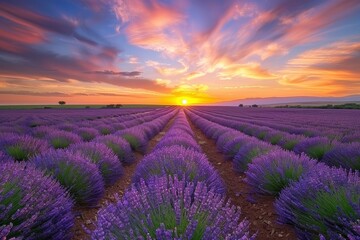 Fototapeta premium Blooming Lavender Fields under a Stunning Sunset Sky
