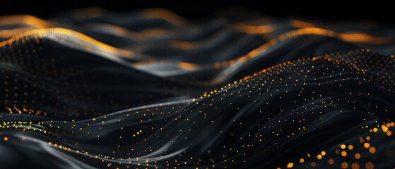 Cyber data abstract background, dark digital space with black shiny waves and lights. Theme of network, future, secure tech, technology, connect