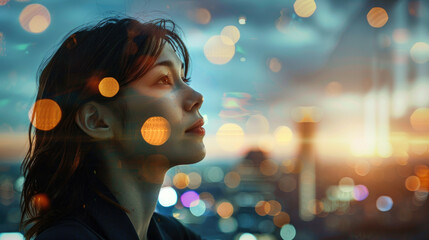 Asian young woman portrait on blurred sky background, female person and city lights in evening. Concept of business, people, office, soul, think, future.