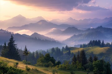 Obraz premium Sunlit Mountain Landscape with Rolling Hills and Misty Valleys