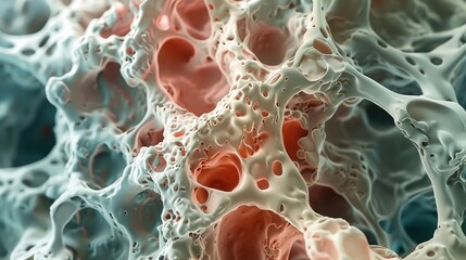 A highly magnified image of healthy bone marrow cells, showing a detailed view of the spongy texture and cell structure, Close up