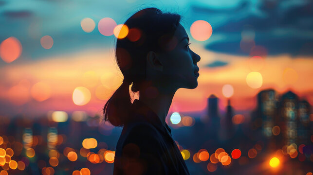 Asian young woman on blurred sky background, female person and city lights. Concept of business, people at night, office building, multiple, think - Powered by Adobe