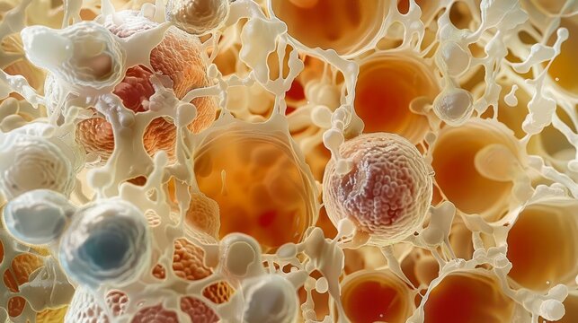 A highly magnified image of healthy bone marrow cells, showing a detailed view of the spongy texture and cell structure, Close up