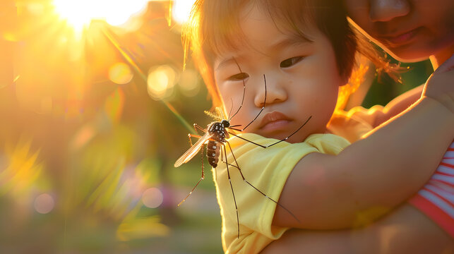 Mother holding baby girl in the parkLittle girl has allergies with mosquitoes biteMother protection kidMosquito blood breeding on kidsRepellent Dengue virus Yellow fever West nile Mala : Generative AI