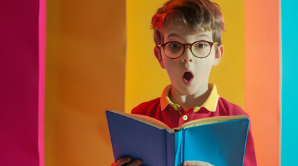 Adventure story Surprised little boy with shocked expression reading book story isolated over colorful background Concept of education childhood imagination artwork inspiration and ad : Generative AI