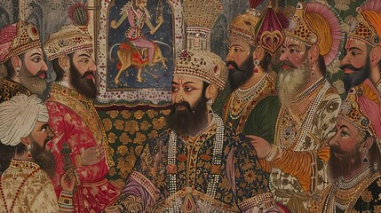 A lavish Mughal court scene, with the emperor seated on a jewelencrusted throne, attended by nobles in richly embroidered robes, Close up