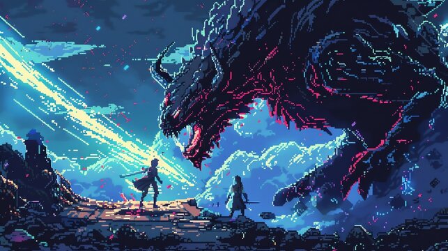 The pixelated image shows a battle between two warriors and a dragon. The warriors are standing on a platform with a dark background.