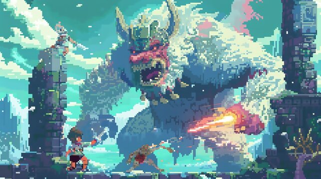 The image is a pixel art illustration of a battle between a giant monster and a human.