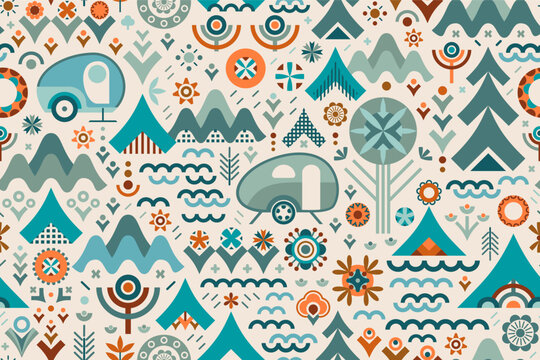 Fototapeta Design celebrates outdoors adventure, representing plants, flowers, woodland, forest, mountains, trees, camping tents, vintage travel trailers and water in v-shapes and other earthy shades geometrics.