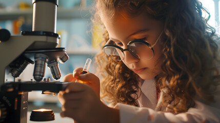 Girl using microscope at home or classroom Curiosity is the key of successful learning experience in early childhood education : Generative AI