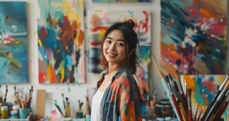 cheerful asian painter woman artist at drawing studio standing by creative colourful pictures and paintbrushes
