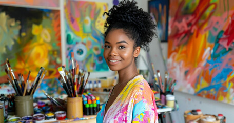 cheerful black african american painter woman artist at drawing studio standing by creative colourful pictures and paintbrushes