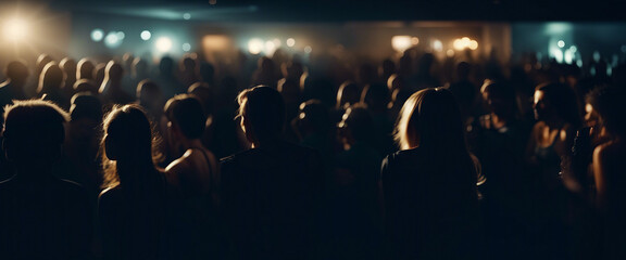 silhouettes of people having fun at a crowded party at midnight
