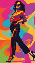 Fototapeta premium Retro Neon pop-art illustration of a stylish woman walking