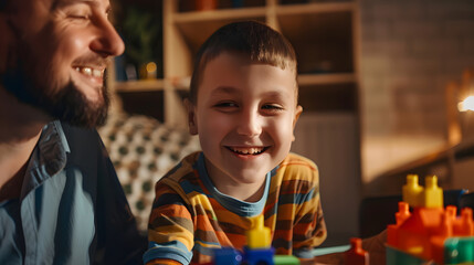 Autistic boy during therapy at home with his father with learning and having fun together Autism awareness concept : Generative AI