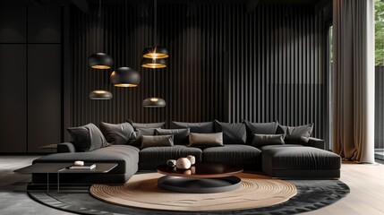 modern living room with black and brown tones, large sectional sofa, and hanging lights, contemporary and elegant interior design