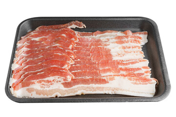 Raw pork bacon in black plastic pack isolated on white, transparent background. Streaky brisket slices, fresh thin sliced bacon, food ingredient