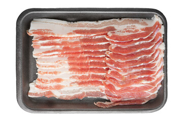 Raw pork bacon in black plastic pack isolated on white, transparent background. Streaky brisket slices, fresh thin sliced bacon, food ingredient