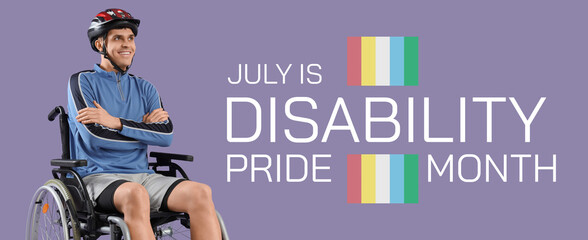 Male cyclist in wheelchair on lilac background