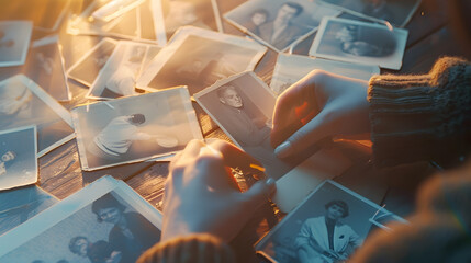 female hands fingering old photographs of 1950s stack of photos on the table concept of genealogy memory of ancestors family tree nostalgia childhood remembering : Generative AI
