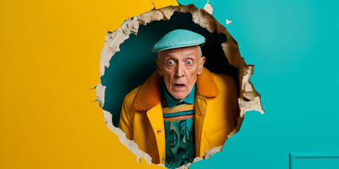 Obraz premium An elderly man with wide eyes wears a hat, and a jacket, peeking through a torn yellow paper background