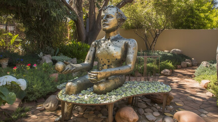 A scene showcasing a man-shaped sculpture constructed from various metallic objects, placed within a serene garden bathed in sunlight, soft pastel hues enhancing the tranquility of the environment, wh