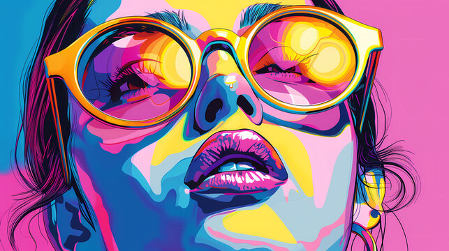 Fototapeta Retro brightly colored pop-art illustration of a woman in sunglasses