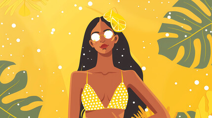 Modern flat illustration of a woman in a yellow polka-dot bikini