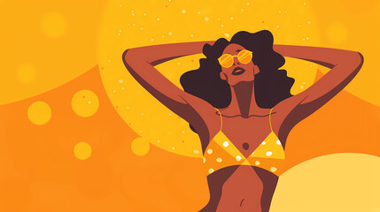 Modern flat illustration of a woman in a yellow polka-dot bikini