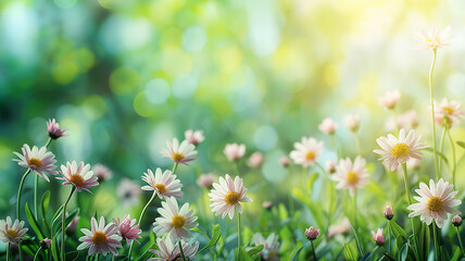 A field of daisy flowers is bathed in the soft light of an early morning sun, highlighting their delicate petals and the fresh, green environment - Generative AI