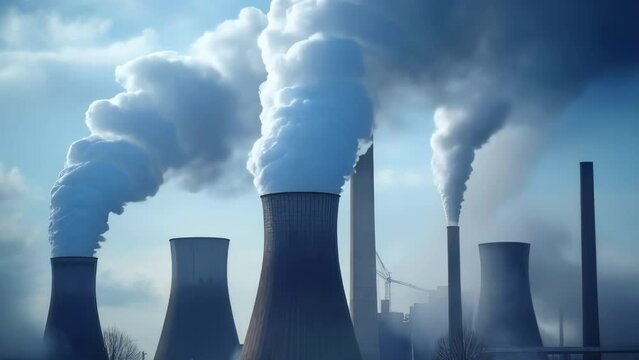 Atmospheric Pollution Concept. Video background with smokestacks emitting smoke against a cloudy sky, highlighting air pollution and its impact on the environment. 