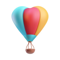 Hot air baloon heart striped with retro basket . Rising up love airship, romantic clay illustration isolated on white background. Aerostat for ballooning wind festival. Fly up to sky journey symbol