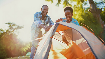 Happy african american son and father pitching tent together in sunny garden summer childhood fatherhood free time camping togetherness and outdoor activities unaltered : Generative AI