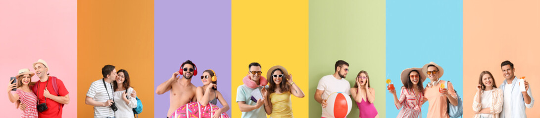 Collage of young couples on color background. Travel concept