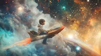 Spaceship flight Creative artwork with little boy flying on drawn spacecraft in outer space Ideas inspiration imagination Collage Concept of childhood dreams game astronomy ad : Generative AI