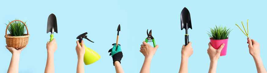 Many hands holding gardening supplies and plants on light blue background