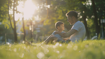 Banner of father and son in summer park outdoor childhood and parenthood parent relax with little child boy on grass dad with kid : Generative AI