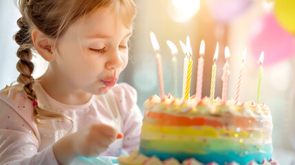 Happy little preschool girl celebrating birthday Closeup of child with homemade rainbow cake indoor Happy healthy toddler blowing six candles on cake Selective focus on cake : Generative AI - Powered by Adobe