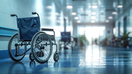 Obraz premium A blue wheelchair is sitting in a hospital hallway. The hallway is empty and the wheelchair is the only object in the scene