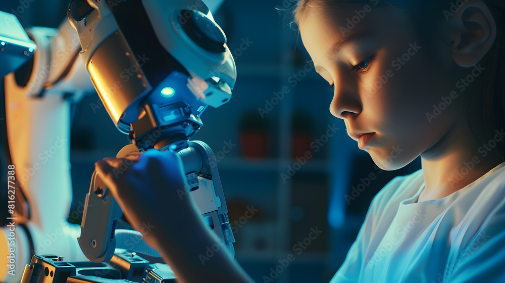 Poster Kid female teen child enjoy Machine Learning Robot arm is Moving Under Control robot at technology class stem education robot arms for digital automation software for artificial intell : Generative AI