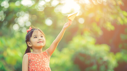 Cute girl throwing paper airplane at summer park Happy childhood travel vacation concept : Generative AI