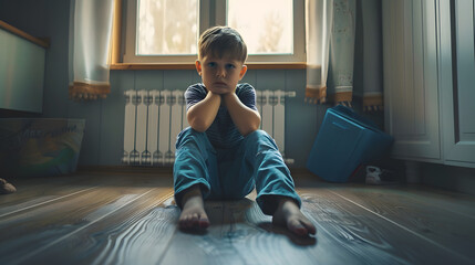 Kid psychological trauma Lonely child boy sadly look to window hug knees sits on floor at home alone Upset offended child thinking about family problems bad relationship failures with  : Generative AI