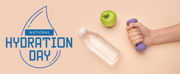 Hand with dumbbell, bottle of water and apple on beige background. Banner for National Hydration Day