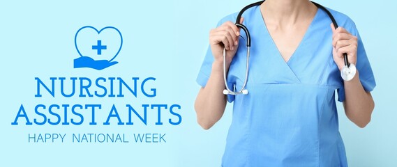 Banner for Happy National Nursing Assistants Week with female nurse holding stethoscope