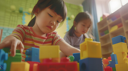 Children play together with building blocks in the international kindergarten with a kindergarten teacher : Generative AI